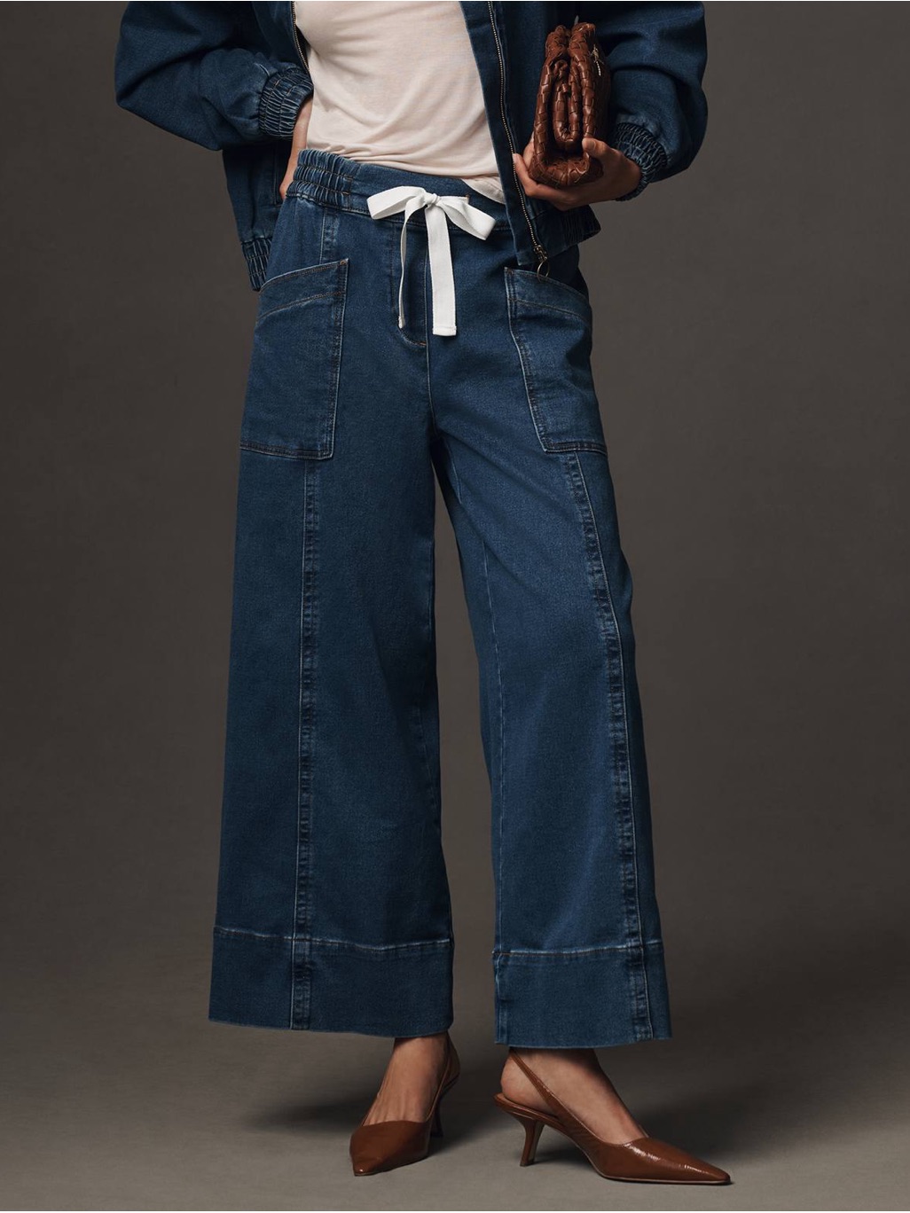 Anthropologie Maeve Dark Blue Tie Bow Waist Wide-Leg Crop Drawstring Jeans Sz S